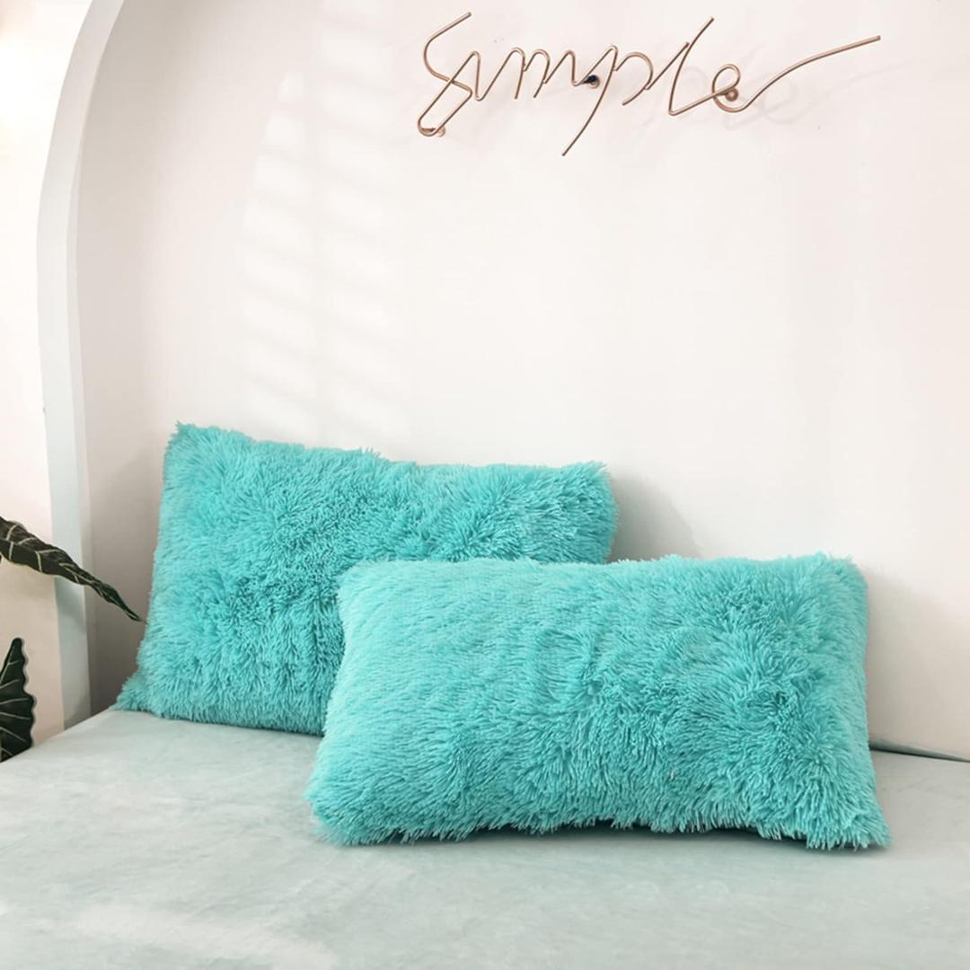 MorroMorn Decorative Pillows Covers, 2 Packs Faux Fur Pillow Cases Standard Size, Luxury Shaggy Throw Pillowcase Cushion Shams with Zipper Closure Room Decor for Couch Sofa Bed (Aqua, Standard)