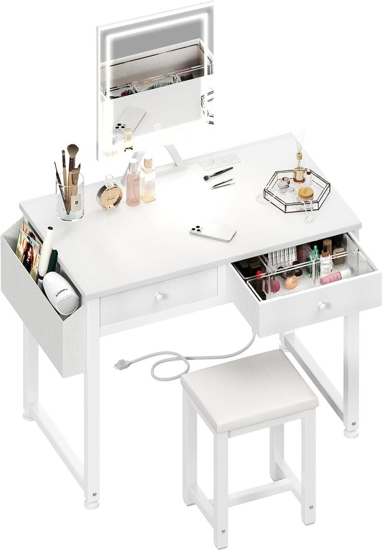 Lufeiya Small Makeup Vanity Desk with Fabric Drawers, 32 inch White Vanity Desks with Mirror and Light, Dressing Table and Chair Set with Power Outlet for Girls Bedroom, White, 31.5"