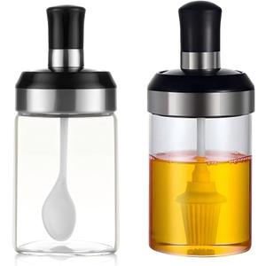 Glass Jars with Spoons and Lids Set | Condiment Containers with Lids & Spice Jars with Spoon | Chef Preserve Containers, Jar with Spoon | High Borosilicate Glass, Airtight 8.45oz Empty