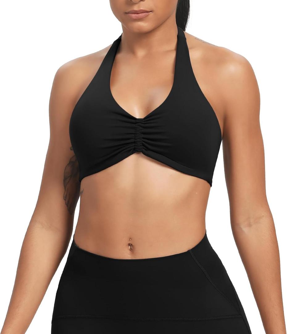 Aoxjox Women's Workout Sports Bras Fitness Taylor Scrunch Halter Bra Yoga Crop Tank, Black, X-Small