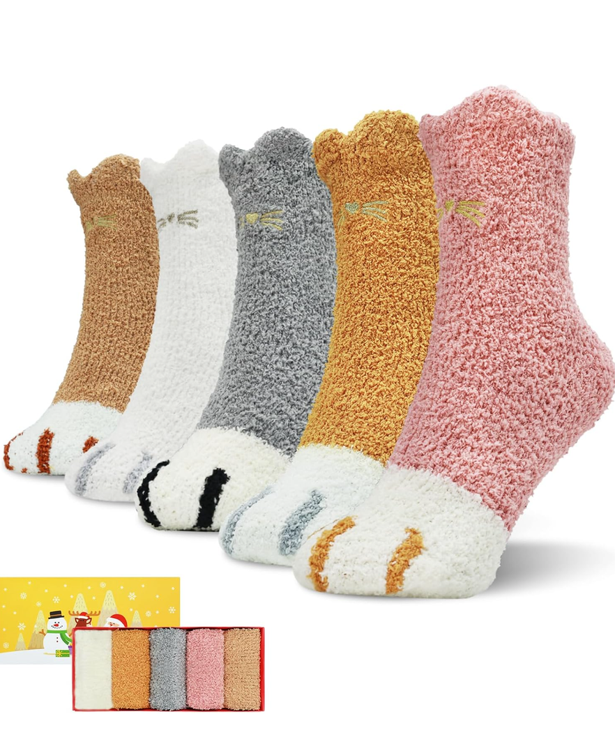 SISOSOCK Fuzzy Socks for Women Cute Cat Paw 5 Pairs Winter Fluffy Cozy Plush Slipper Socks With Gift Box for Women Girls Gifts