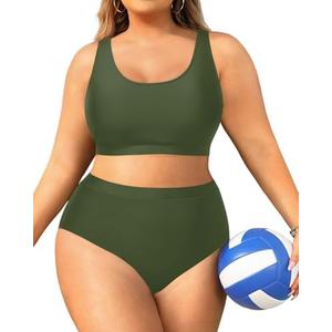 Daci Plus Size Two Piece High Waisted Bikini Set Sport Scoop Neck Swimsuit Full Coverage Bathing Suit Green 12 Plus