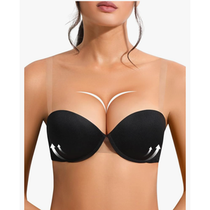 Strapless Push Up Bra with Clear Straps for Women, Thick Padded Underwire Convertible Bras Add One Cup 36 C