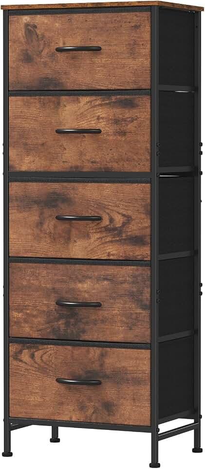 DUMOS Nightstand with 5 Fabric Drawers, Skinny Dresser | Night Stand Bedside Table, Removable Bins, Sturdy Steel Frame Wood Top, Storage Tower for Bedroom Closet, Rustic Brown