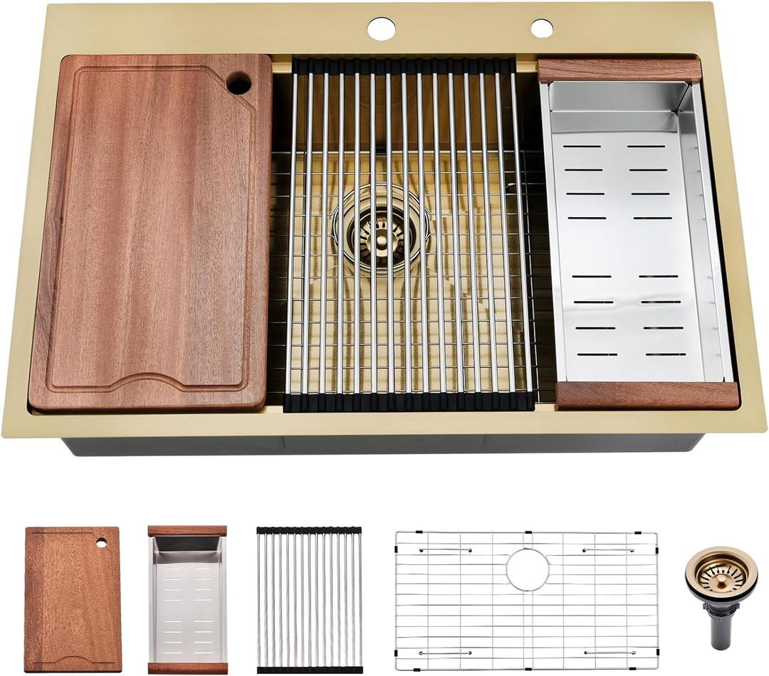 33x22 Gold Drop In Kitchen Sink - 16 Gauge Stainless Steel Kitchen Sink Single Bowl, 10 Inch Deep Workstation Sinks with Accessories for Residential & Commercial Use