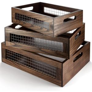 Set of 3 Extra Large Wooden Nesting Countertop Baskets, Rustic Wood Storage Organizer for Kitchen, Pantry or Bathroom  Fruit, Vegetables, Bread Crates with Handles (Largest 16")