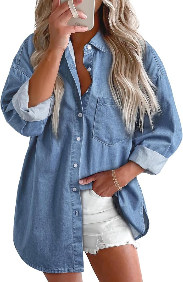 Astylish Women Denim Shirts Button Down Blouse V Neck Casual Tops (XX-Large, Beau Blue)