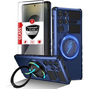 for Samsung Galaxy S25 Ultra Case Compatible Wireless Charging Magnetic,with Screen Protector,for S25Ultra Phone Case with 360Stand Ring Military Grade Shockproof Heavy Duty Protection Blue