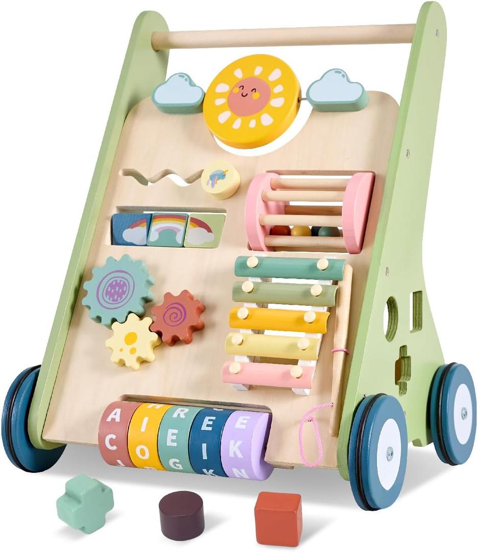 Baby Push Walker, Wooden Baby Walker with Wheels, Montessori Push Walker for Babies 10-12 Months, Adjustable Speed Push Walking Toys for Boys&Girls 1 Year Old, Christmas Birthday Gifts for Toddler