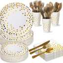 White and Gold Plates and Napkins Set - 175pcs Disposable Paper Plates Party Supplies for Birthday, Wedding, Baby Shower, Graduation, Valentines (Serve 25 Guests)