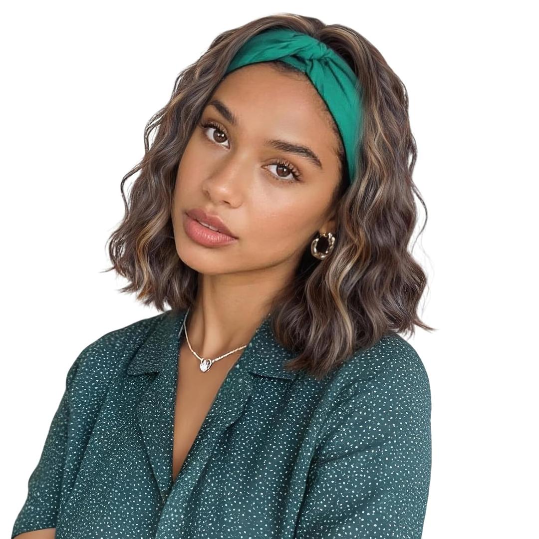 BECUS 14'' Body Wave Headband Wig for Black Women Synthetic Glueless Half Wig Easy Wear Brown Headband Wigs Natural Hairline for Daily Use Party Brown with Blonde Highlights