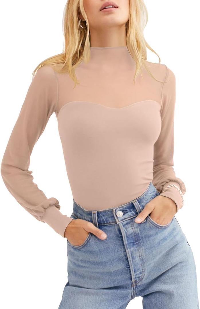 PINKMSTYLE Womens Trendy Sexy Mock Turtle Neck Long Sleeve Sheer Mesh Double Lined Going Out Fall Tops Nude Medium