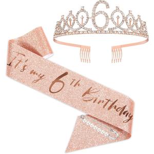 BRT Bearingshui 6th Birthday Sash and Tiara for Girls, Rose Gold Birthday Sash, Tiara & Cake Topper Set