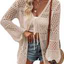 Women Crochet Cardigan Lightweight Tie Front Hollow Out Long Sleeves Summer Knit Cover Cardigans (Large, Khaki)