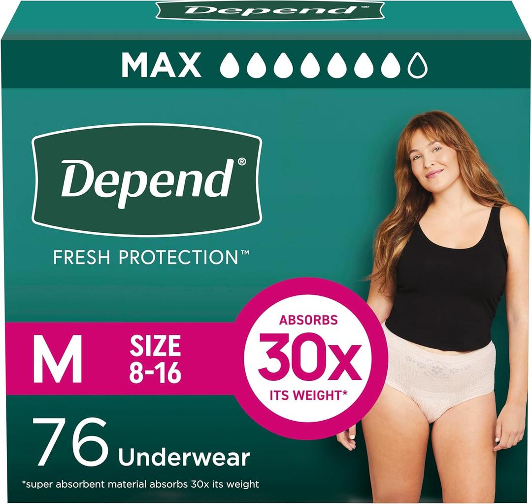 Depend Fresh Protection Adult Diapers, Incontinence Underwear for Women, Disposable, Maximum, Medium, Blush, 76 Count (2 Packs of 38)