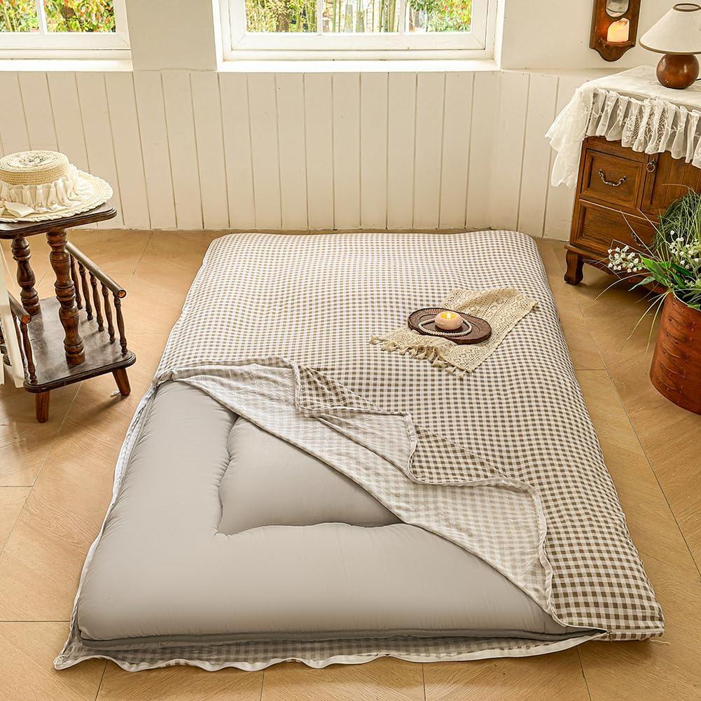 Tan Gingham Japanese Floor Mattress Futon Cover Full, Taupe Checked Plaid Japanese Tatami Mattress Cover,Grid Guest Sleeping Mat for Floor (Tan Gingham, Full) Tan Gingham Japanese Floor Mattress Futon Cover Full, Taupe Checked Plaid Japanese Tatami Mattress Cover,Grid Guest Sleeping Mat for Floor (Tan Gingham, Full)