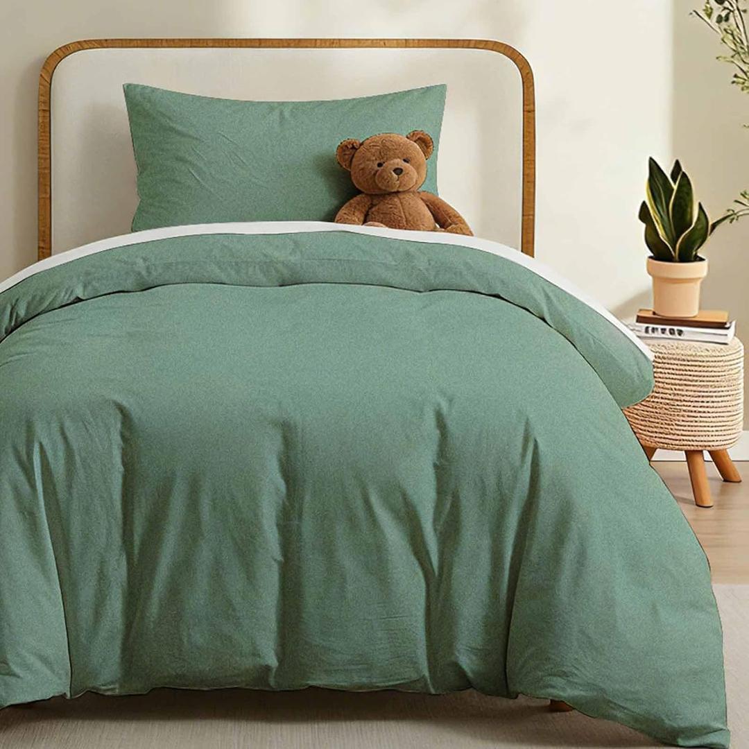 LOVQUE 100% Washed Cotton Duvet Cover Twin Size, Mint Green Fade-Resistant Natural Bedding Set (No Comforter), 68x90 Inches