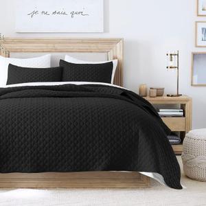 HORIMOTE HOME Quilt Set Queen Size, Black Bedspread with Clouds Pattern, Soft Coverlet Set Lightweight Microfiber Quilted Bedspread for All Season, Includes 1 Quilt and 2 Pillow Shams (Full/Queen(90" x 96"))