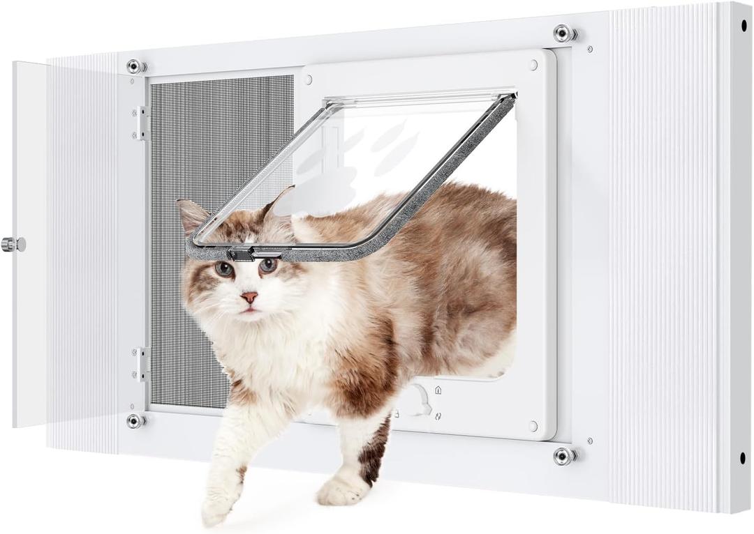 2-in-1 Cat Door for Window with Acrylic Panel, Rainproof & Ventilation Dual Modes, Adjustable Width of 28"-32" for Sliding Windows, Weather Resistant Window Cat Door Insert, Fit 28''-32'' Windows