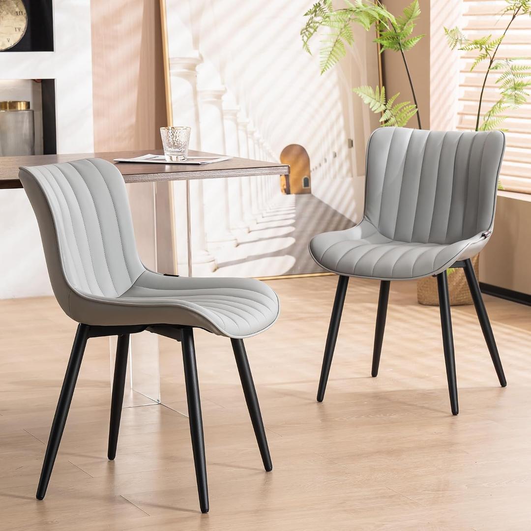YOUNUOKE Mid-Century Modern Dining Chairs Set of 2, Grey PU Leather Upholstered Kitchen Chairs with Black Metal Legs, Armless Accent Chair for Dining Room, Guest Reception Room, 1.61' X 1.58' X 2.59'