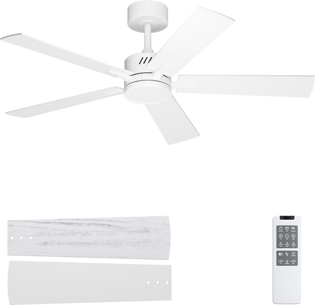Ohniyou 48'' Ceiling Fans with Lights and Remote, 6 Speeds, 3 Colors & Dimmable LED Light, Silent DC Motor White Ceiling Fan for Living Room, Bedroom (Downrod White)