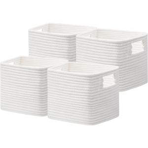 UBBCARE Storage Cubes 4 Pack, 11x 11x 7.8 Cube Storage Bin with Handles, Cotton Rope Baskets for Organizing, Woven Baskets for Shelf, Baby Nursery, Toy Storage, Closet, Classroom, White