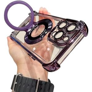 Magnetic case for iPhone 17 Air with Full Camera Lens Protection(Compatible with MagSafe),Military Shockproof Slim Electroplate Bumper Clear Cover Built-in Invisible Ring Stand, Purple
