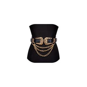 Dubulle Womens Belt Decoration Chain Black Gold Leather Elastic Double Buckle Business Date Gift