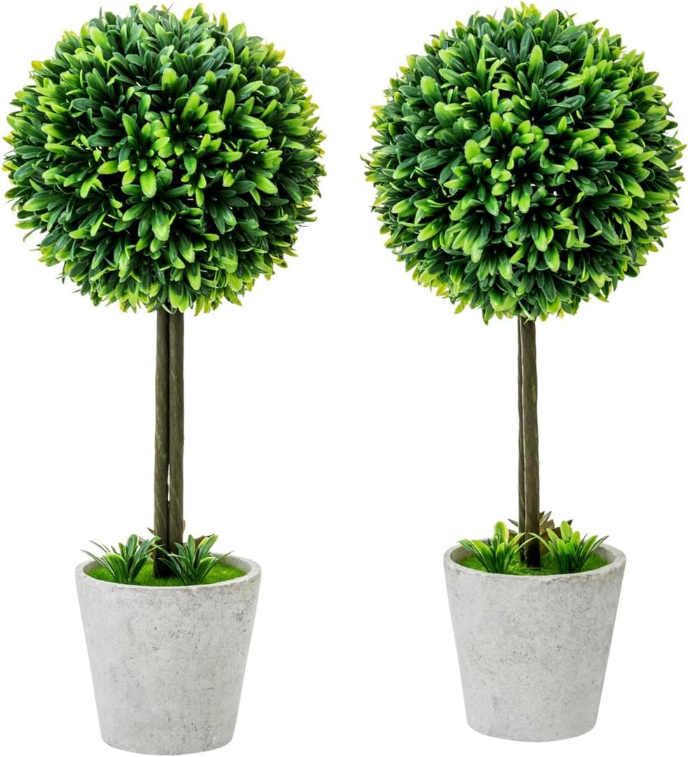 MyGift 15 Inch Artificial Boxwood Topiary Tree - 2 Pack Potted Faux Plant Balls in Gray Pulp Planter, Tabletop Home Decor