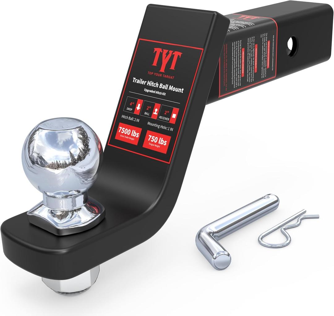 TYT Trailer Hitch Ball Mount Kit, 4-Inch Drop, Fits 2-Inch Receiver, 2-Inch Trailer Ball with 5/8" Hitch Pin Clip, Rated 7,500 lbs GTW / 750 lbs TW