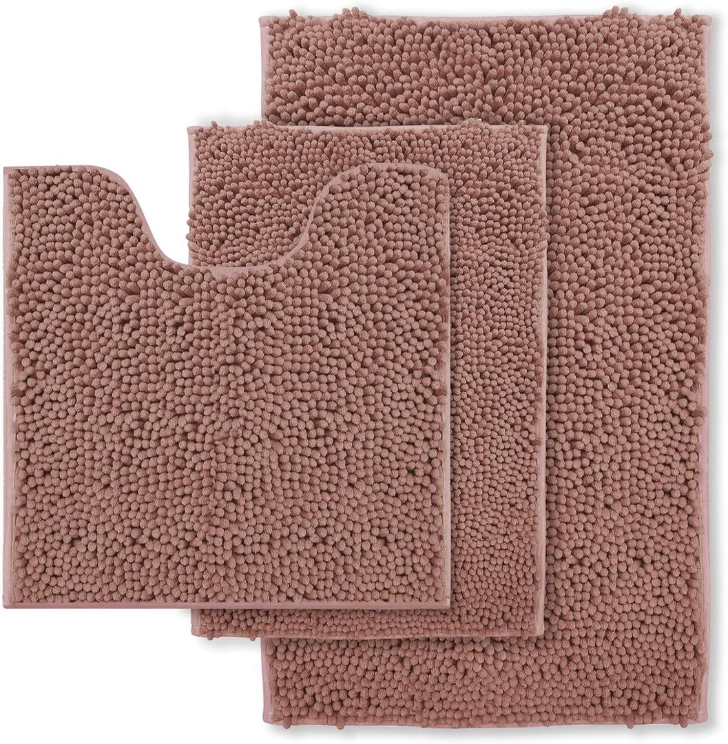 Chenille Bathroom Rugs Set 3 Piece Bath Mats for Bathoom Non-Slip Luxury Bathroom Rug Extra Soft and Absorbent Shaggy Rugs Washable Dry Plush Area Carpet