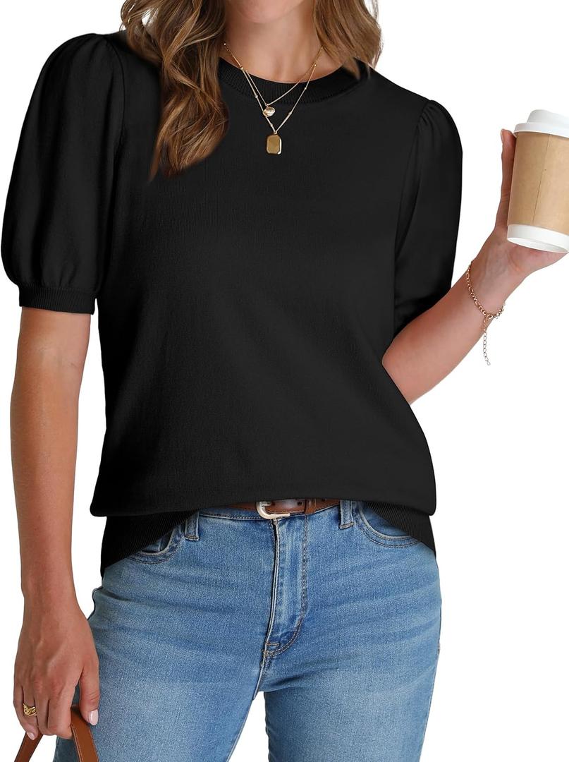 WIHOLL Women's Puff Short Sleeve Sweater 2025 Spring Summer Tops Trendy Business Causal Outfits Work Blouses Clothes (XX-Large, Black)