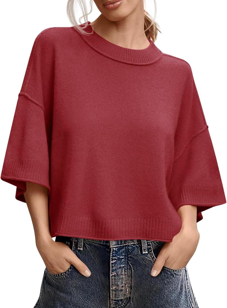 Saodimallsu Womens Short Sleeve Sweater Summer Oversized Cropped Sweaters Casual Crewneck Lightweight Knit Tops (Large, Red)