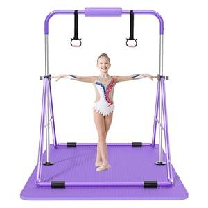 Safly Fun Foldable Gymnastics Bar for Kids, Adjustable 35"-51", Sturdy 145 lbs Capacity, Easy-to-Assemble, Gymnastics Equipment for Kids for Indoor/Outdoor Training (Purple)