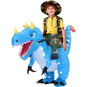 Inflatable Dinosaur Costume for Kids Light Up T-Rex Funny Blow Up Halloween Party Cosplay Dress Up Outfit Boys Girls,Blue