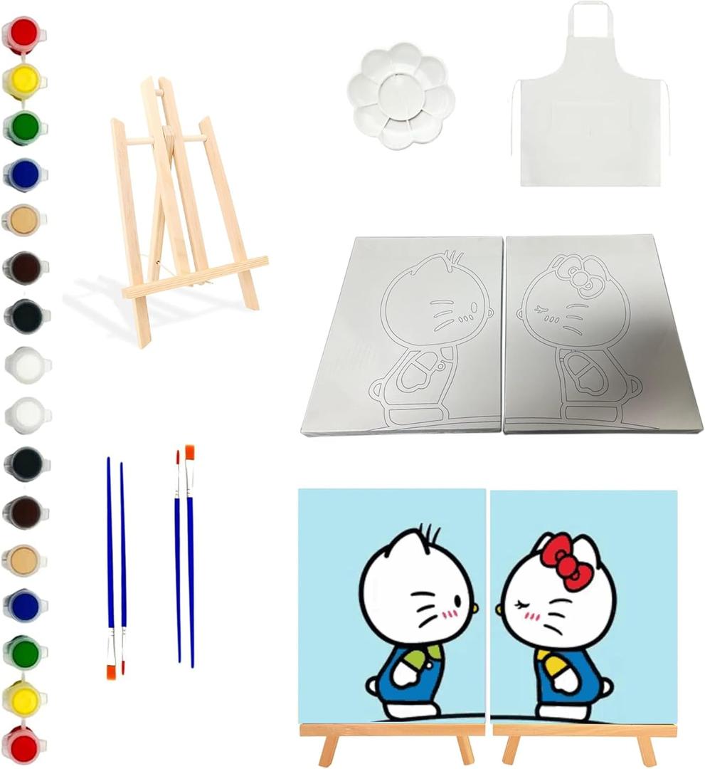 2 Pack Couples Painting Kit for Date Night | Sip and Paint Kit for Adults with Pre-Drawn Canvases, Acrylic Paints, Brushes & Easels |Fun Painting Kits for Adults, Perfect for Gifts & Home Decor