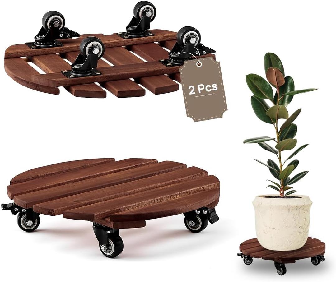 THYOI 2 Pack 14 Acacia Wood Plant Caddy with Lockable 360 Caster Wheels, 300 LB Heavy Duty Rolling Stand for Indoor Outdoor Planter Pots, Wooden Dolly for Patio (Dark Brown, Round)