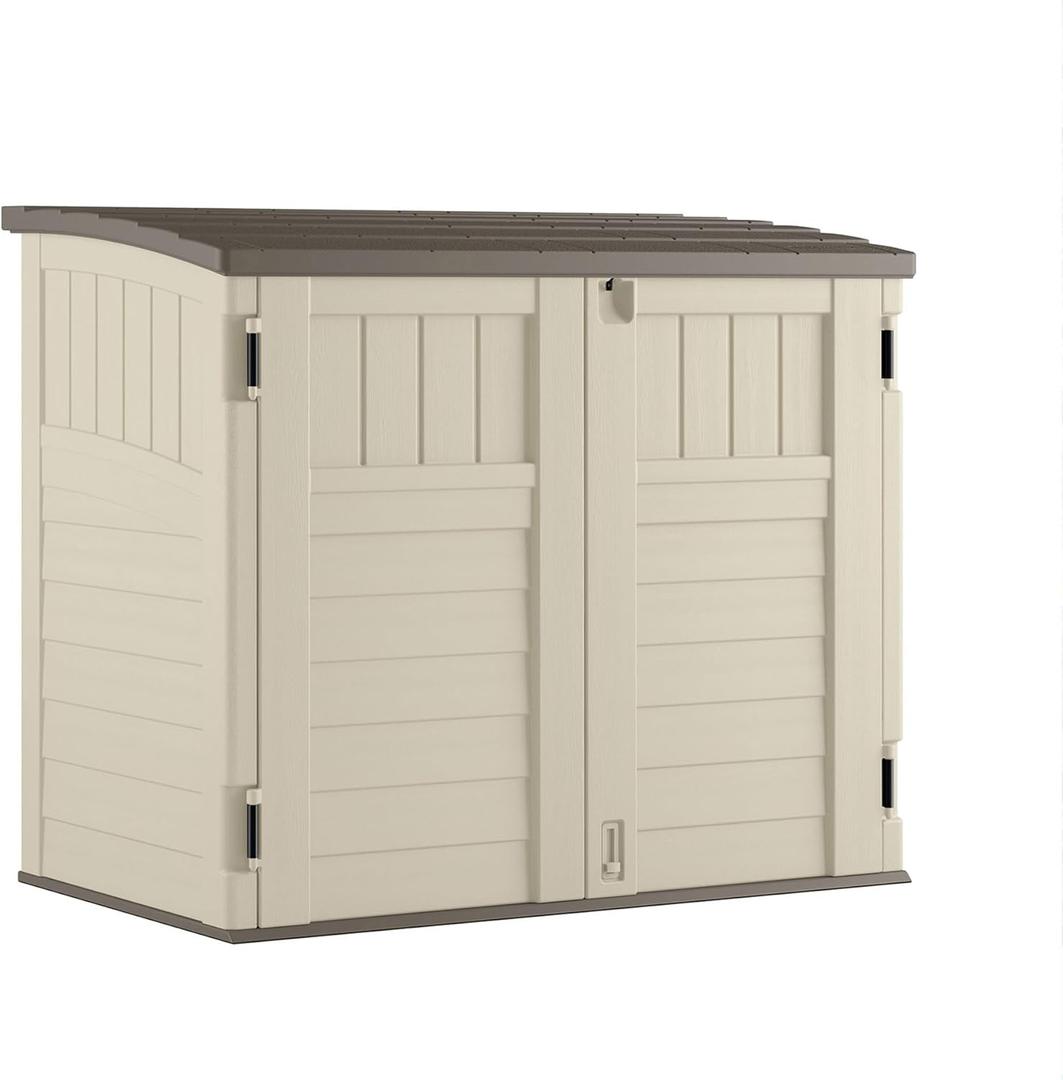Suncast 34 Cu Ft Horizontal Resin Plastic Storage Shed - Outdoor Storage Shed with Floor Included, Lockable, Weatherproof, Fits Small to Medium Trash Cans, Generators, & Garden Tools, Vanilla Stoney (No Size)