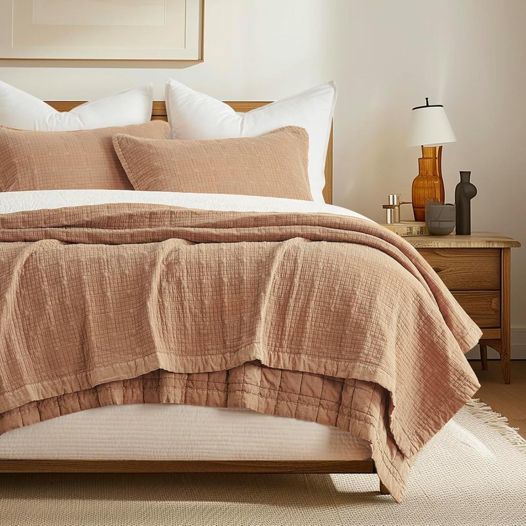 EVERGRACEHOME Stonewashed Cotton Quilt Set Full Queen Size, Ultra Soft Oversized Bedspread Coverlet Set, Lightweight Crinkle Box Stitch Bedding Sets for All Season, with 2 Shams, Terracotta