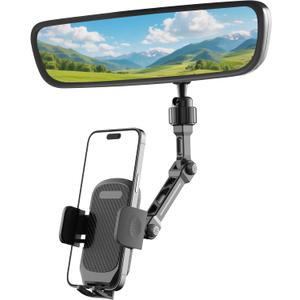 Rear View Mirror Phone Holder, Premium Aluminum Alloy Mount with Multi-Angle Adjustment, Rearview Mirror Phone Holder Mount For Car & Truck, Universal Accessories Compatible with All Cell Phone (One-Touch Auto Clamp Carbon Black)