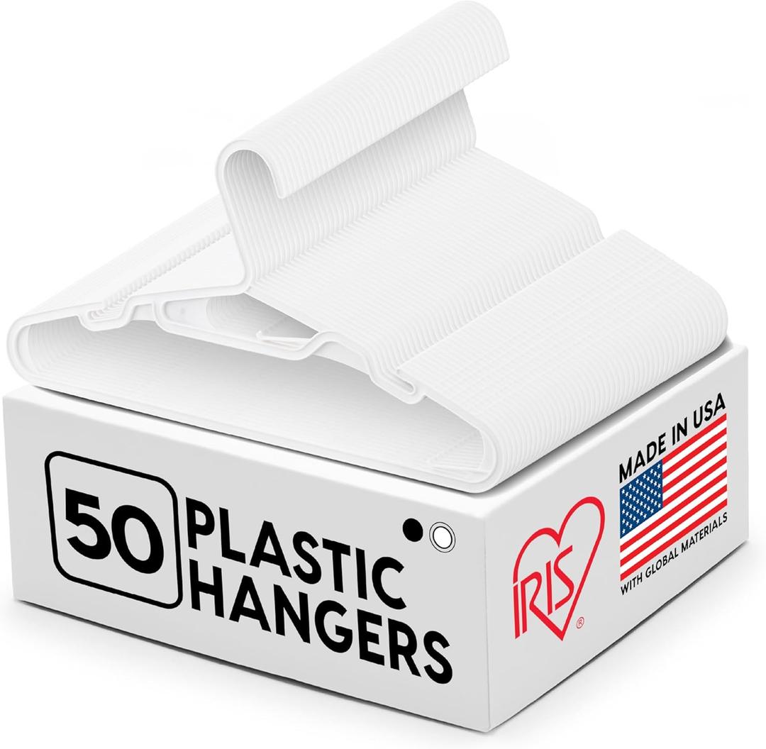 IRIS USA Lightweight Flexible Hangers 50 Pack, Made in USA, Plastic Clothes Hangers with Shoulder Grooves & Accessory Hooks, Dorm Apartment Essentials, Adult Hangers for Light Shirts, White, Standard