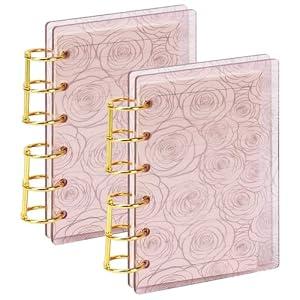 Koqye A7 Acrylic Notebook Binder 6 Ring, 2pcs Loose Leaf Personal Planner Binder 45 Sheets Refills Paper, Lay Flat Design, Gold Metal Round Ring(Rose)