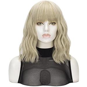 QACCF Blonde Bob Wig Short Wavy Pelucas Women Full Bang Synthetic Realistic Linen Mixed Blonde Wig with Bang (Linen)