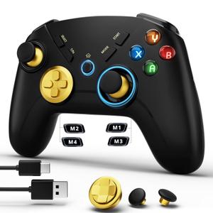 Multi-Platform PC Wireless Controller, Bluetooth Gaming Controller, Compatible with Windows, iPad, Steam, Luna, Laptop, Tablet, and Smart TV, with Double Shock, Macro Keys, Turbo Button, LED Backlight (Black Gold)