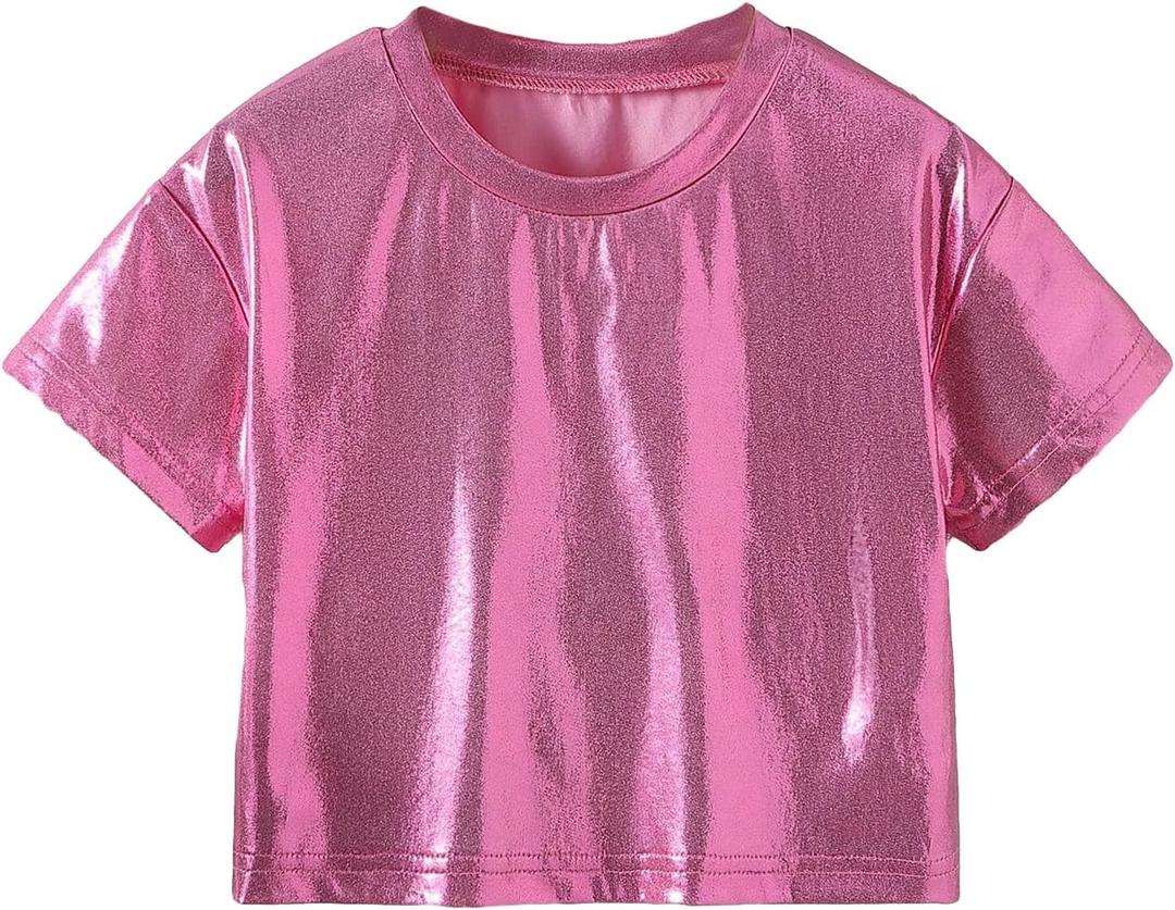 Verdusa Girl's Metallic Crop Tee Top Short Sleeve Round Neck Neon Shirts Party Costume Concert Outfits (4T)
