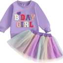Toddler Baby Girl Birthday Outfit Letter Embroidery Long/Short Sleeve Sweatshirt Tutu Dress Skirts Birthday Gift (9-10 Years, Purple)
