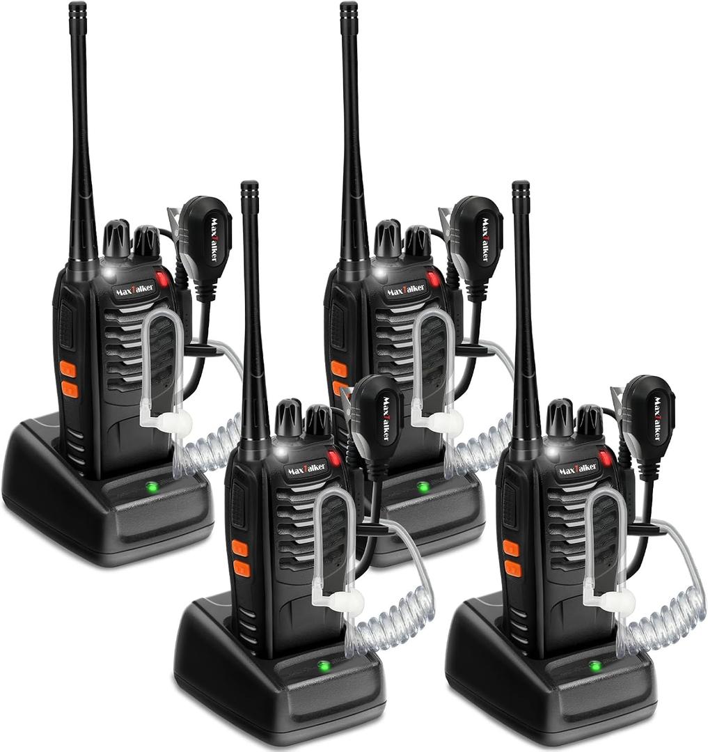 Rechargeable Walkie Talkies Long Range: MaxTalker MT-8S Walkie Talkie with Earpiece, Flashlight, VOX 1500mAh Battery, Walkie Talkies for Adults Business, Hunting Camping Essentials, 4 Pack