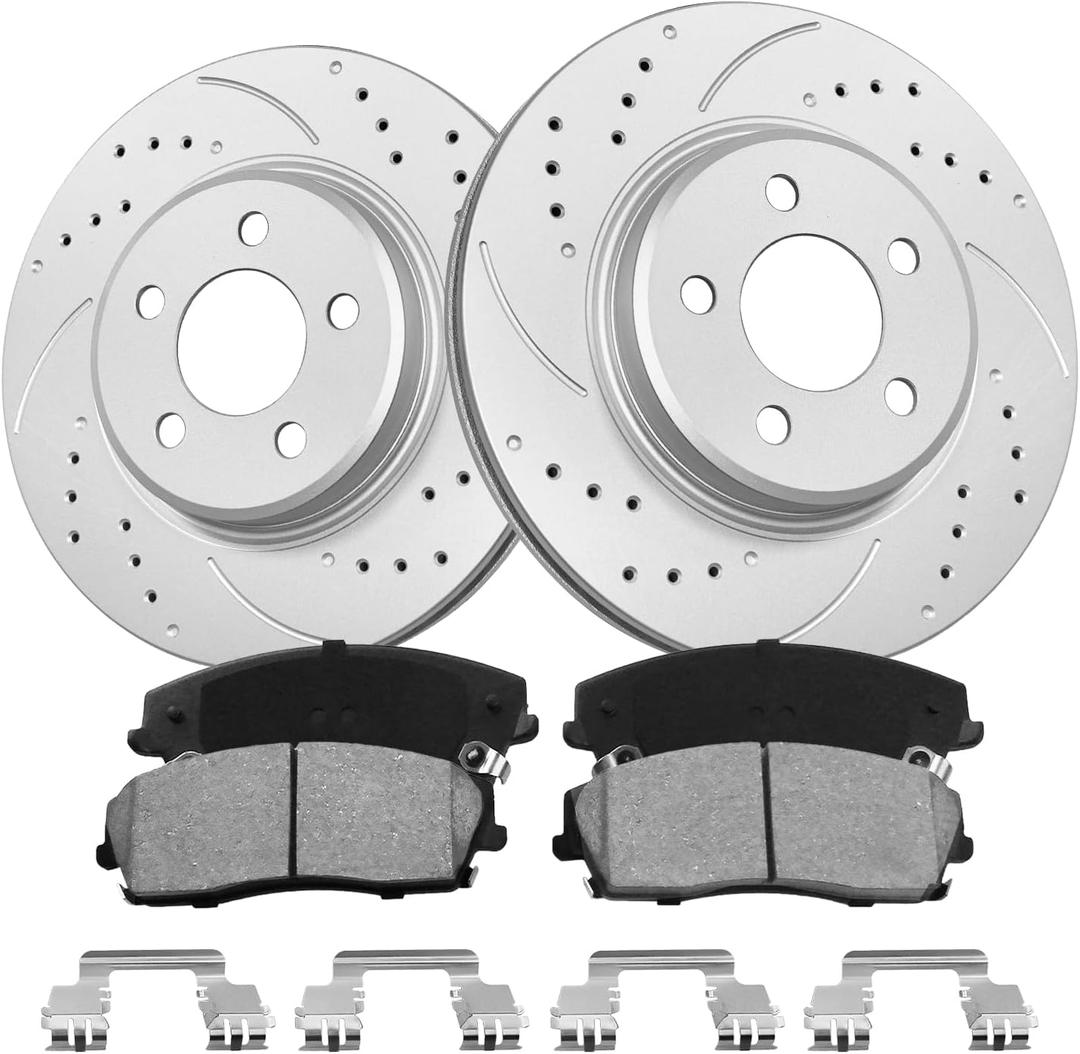 Front Brake Kit, Drilled & Slotted Brake Rotors and Pads Compatible with 2006-2023 Dodge Charger, 320mm (12.6in) Brake Disc, Geomet Coating