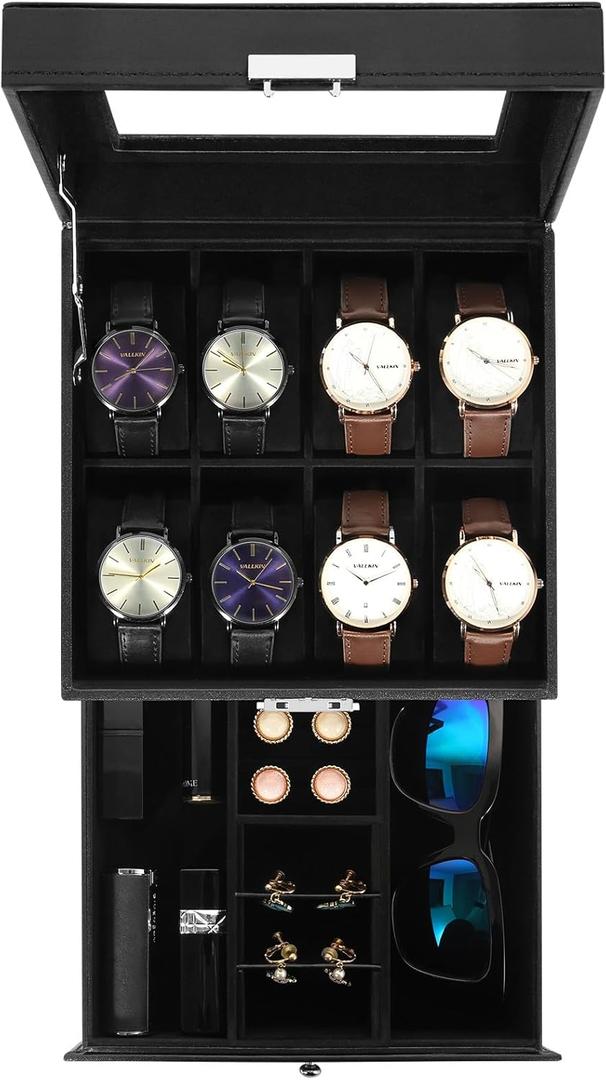 Uten 8-Slot Watch Box, 2-Layers PU Leather Watch Case with Glass Lid, Watch Holder Organizer with Soft Pillow and Velvet Lining, Watch and Jewelry Storage Box, Black