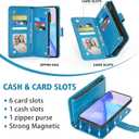 Asuwish Phone Case for OnePlus 9 OnePlus9 5G Zipper Wallet Magnetic Cell Cover with Tempered Glass Screen Protector Strap Flower Card Holder One Plus9 On 1 Plus 1plus One+ 1+ 1+9 Nine Women Girls Blue
